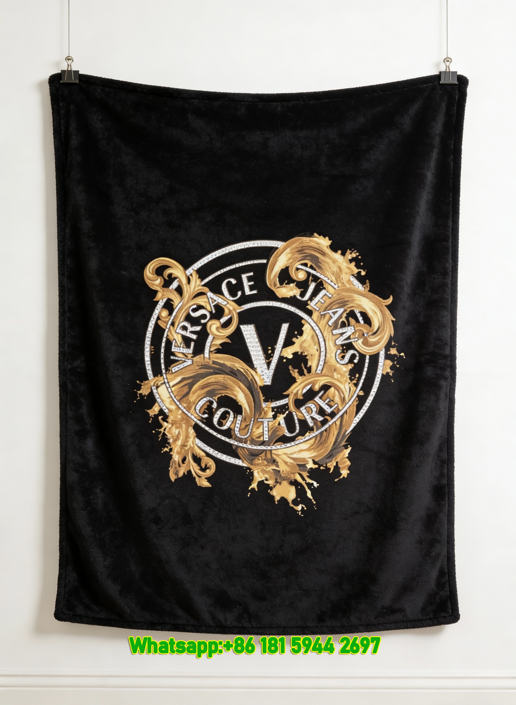 Versace Jeans Couture Black Gold Baroque V Logo Printed Flannel Throw Blanket IMG_1268